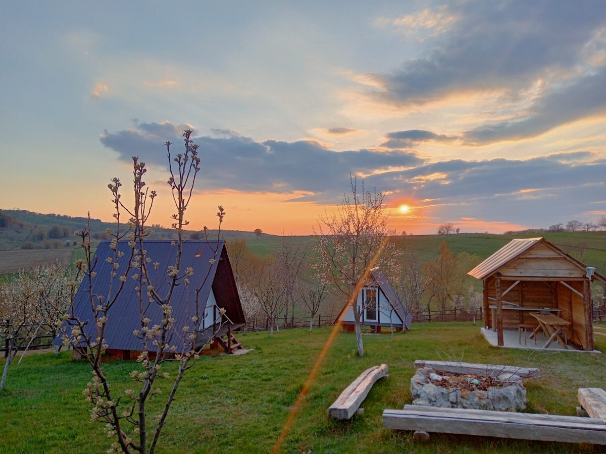 The image shows three small camping houses set in a grassy landscape, with a sunset casting warm tones across the sky. A wooden shelter is visible alongside a stone firepit, surrounded by seating logs, and open fields stretch into the distance.