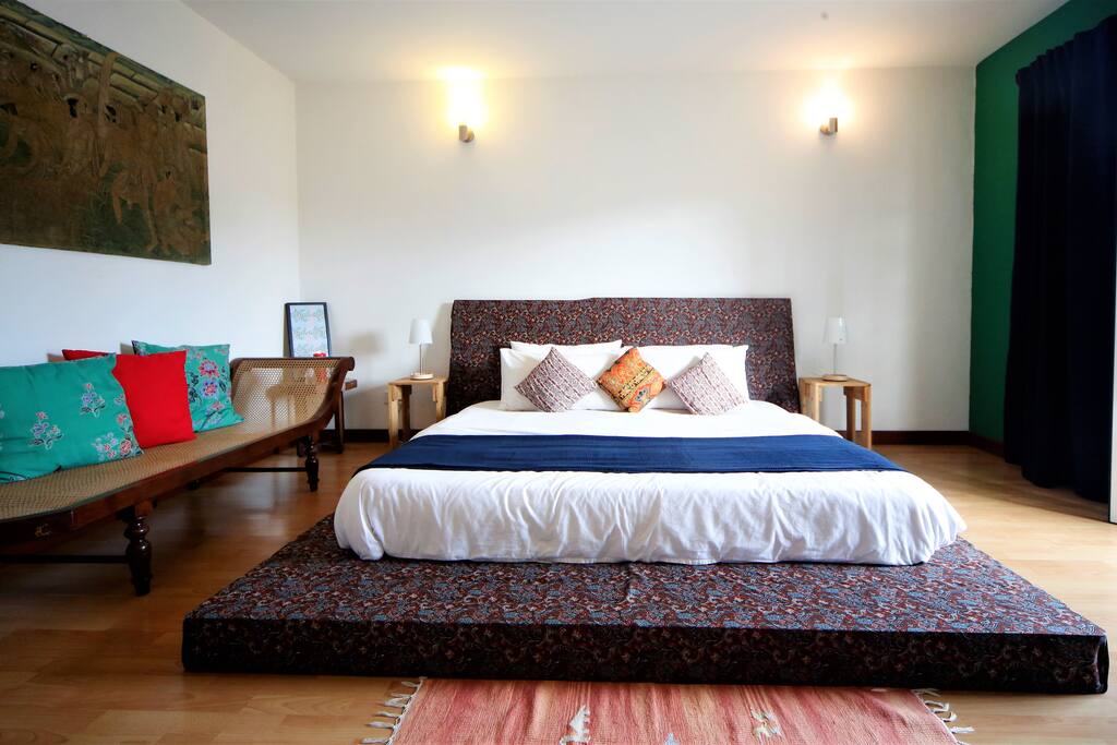 King size bed on a bed frame we made ourselves!