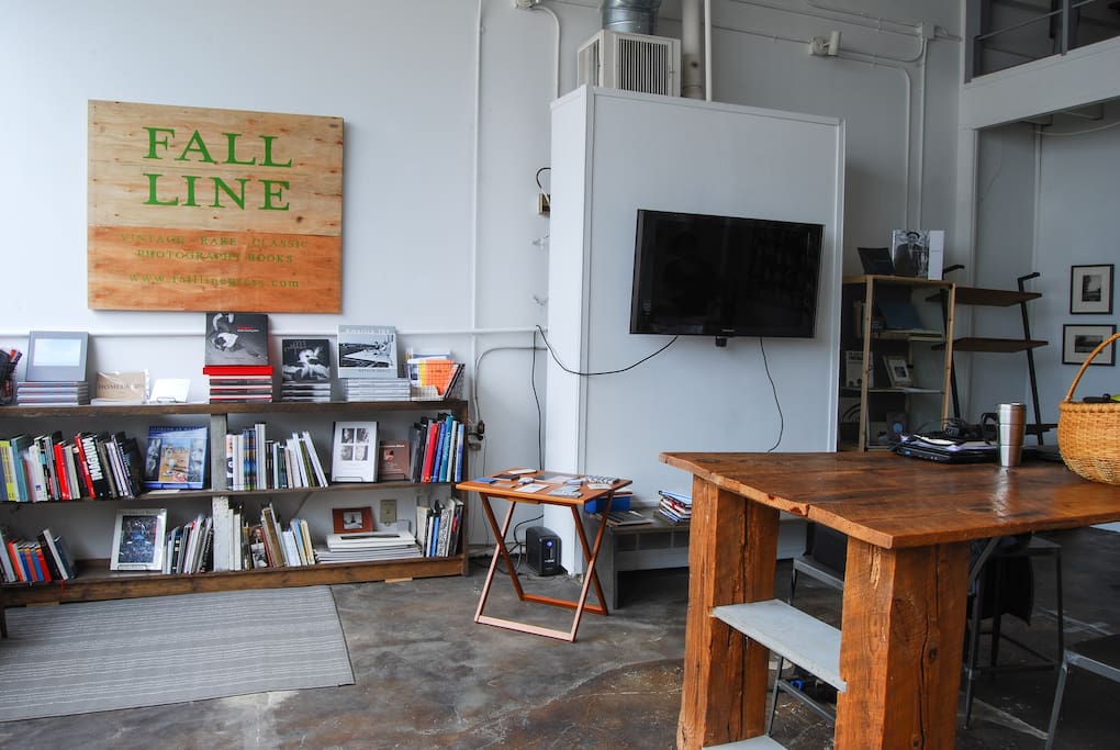 The living space is upstairs. The full bath and kitchenette (fridge & microwave) is shared with the Fall Line Press project space which occupies the ground floor.