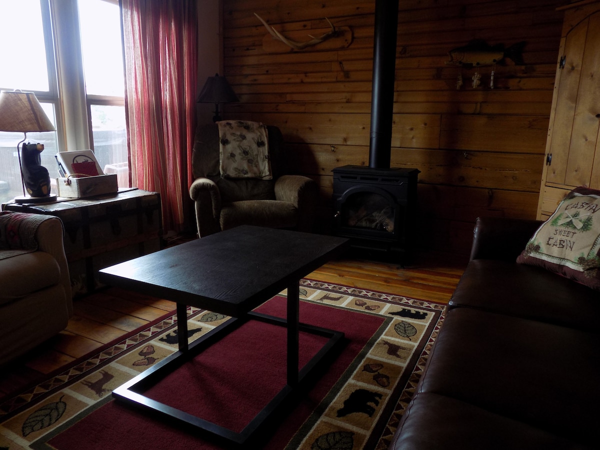 A cozy living room features two recliners and a dark coffee table positioned on a patterned area rug. Natural light enters through large windows, and a propane fireplace is visible against a wooden wall, adding a rustic charm to the space.