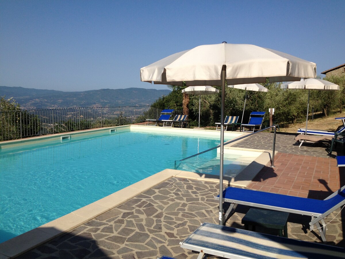 A shared swimming pool surrounded by lounge chairs is visible, with sun umbrellas providing shade. The pool area offers stunning views of the rolling hills and olive trees in the background. The pool's clear water reflects the blue sky above.