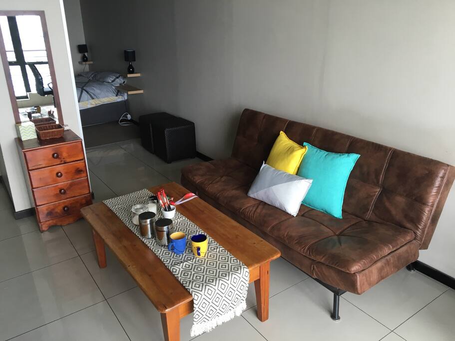 The couch/sleeper couch and living room