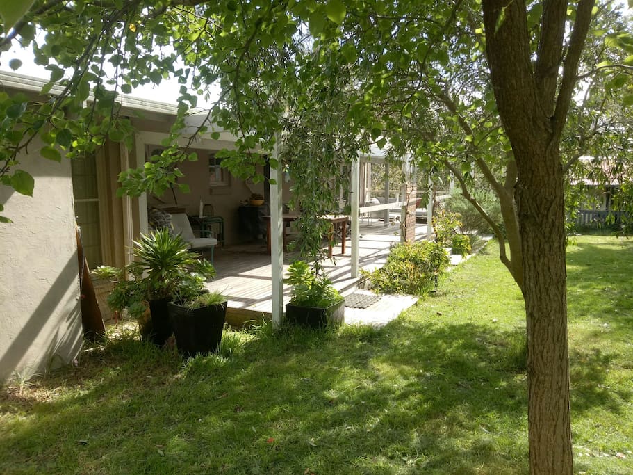 Backyard. Outdoor shower (with hot water) off deck.