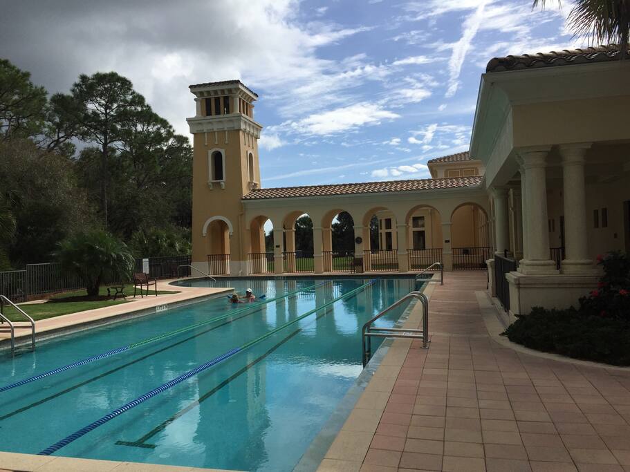 Lap pool with entrance to jungle trail