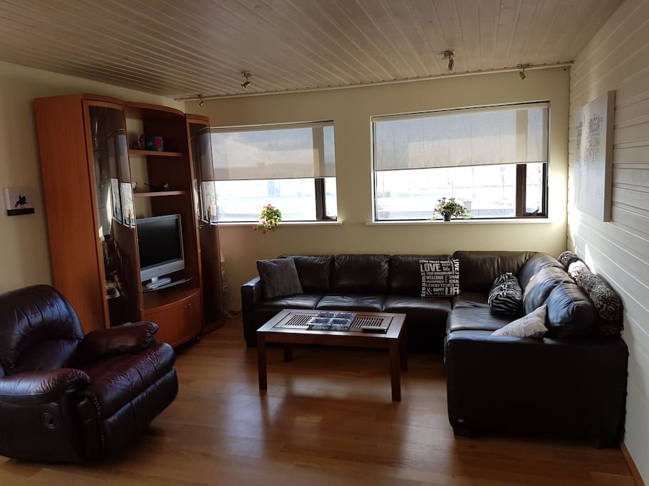 Nice livingroom with a TV and a comfortable sofa which can be changed into a bed