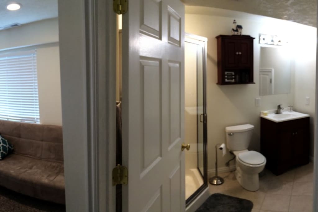 Personal bathroom with shower attached to room for your privacy.