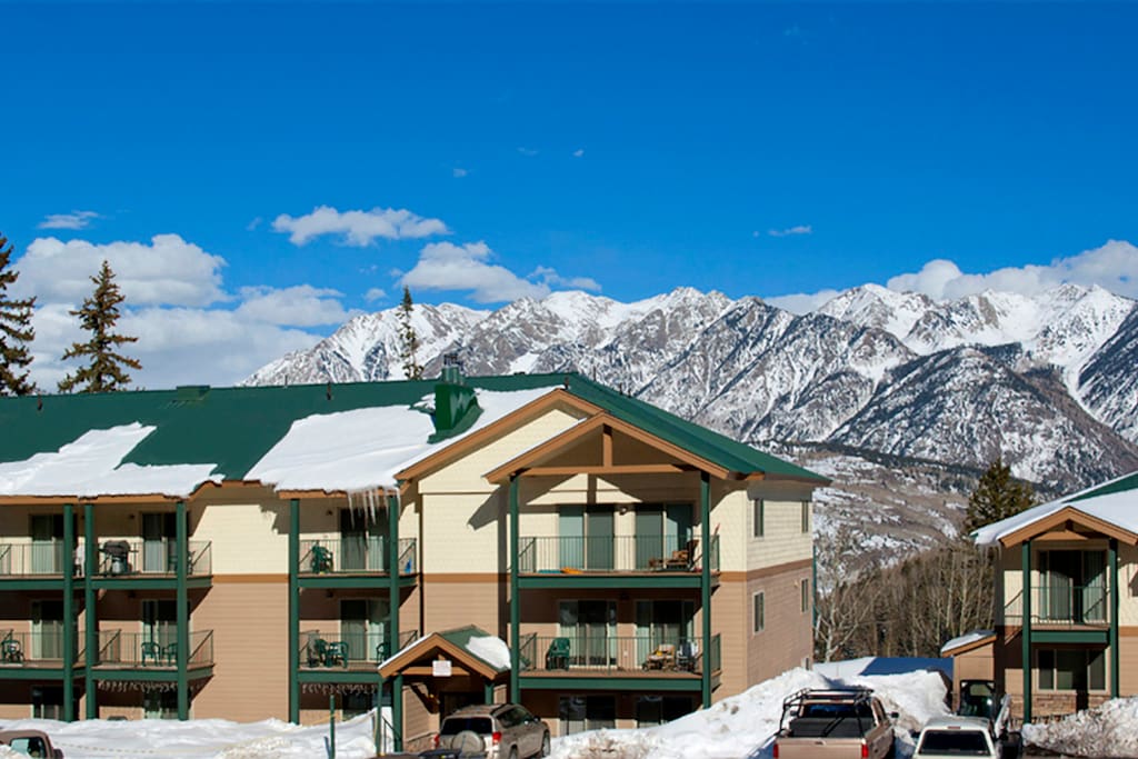 Purgatory Towhomes in winter snow Durango Colorado vacation rental condo at Purgatory Resort