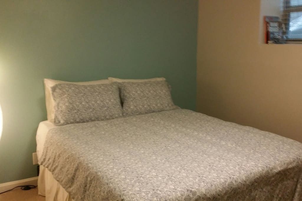 Bedroom features queen sized bed, TV, walk-in closet.