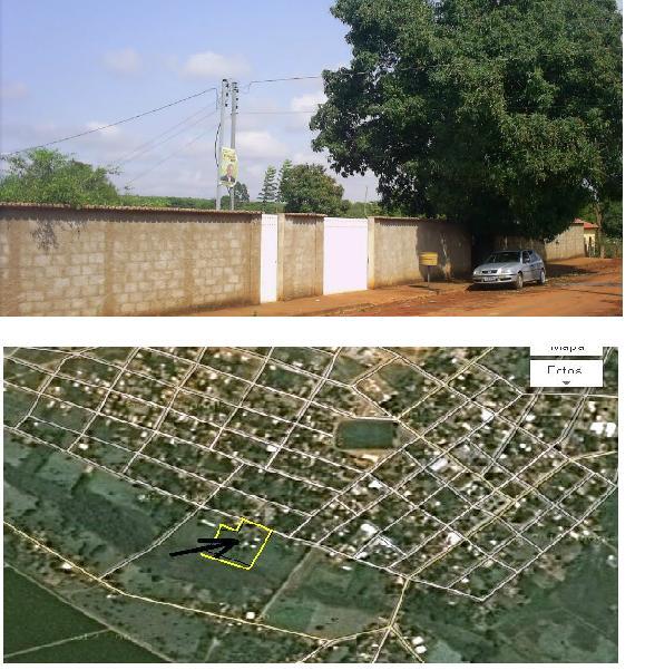 An exterior view of a quiet street features a white gate leading to a property with a stone wall. A tree provides shade, and a parked car is visible along the side of the unpaved road. A map overlay illustrates the area's layout with highlighted boundaries.