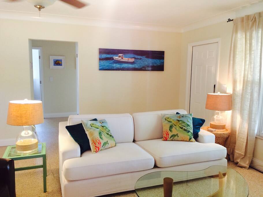 Relax after a long day at the beach on the comfy couch.