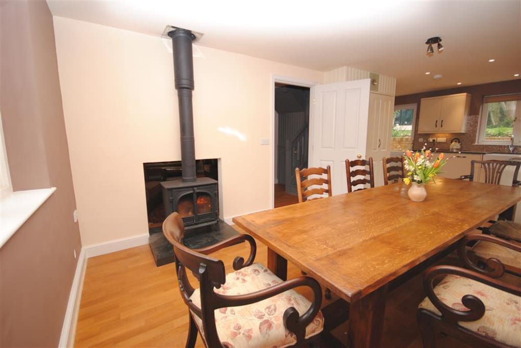 kitchen diner with log burner