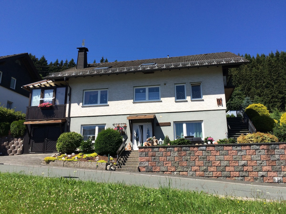 The house is depicted in a serene setting, surrounded by greenery. A balcony with flowers overlooks the front yard, while a well-maintained stone wall edges the property. Steps lead to the entrance, framed by plants and trees typical of the area.