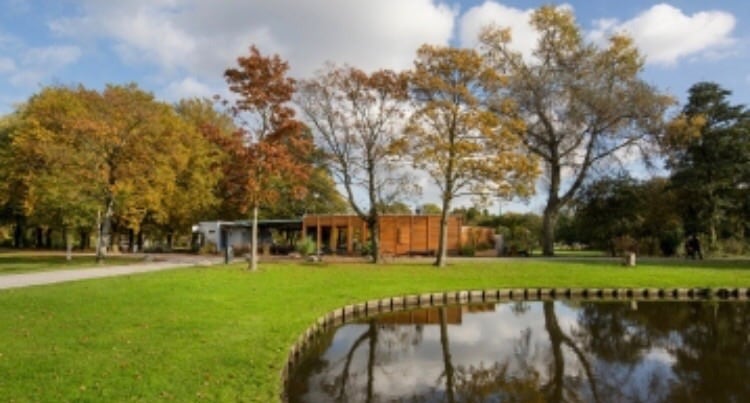 A landscaped park features vibrant autumn foliage, with various trees above a serene pond. The structure of the house is visible in the background alongside the greenery. The calm water reflects the trees and sky, creating a peaceful outdoor setting.