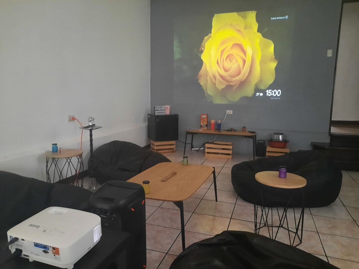 A spacious lounge area features several soft bean bag chairs arranged around low wooden tables. A projector displays an image of a yellow rose on the wall. Shelves and decorative items are positioned against the walls, creating a casual setting.