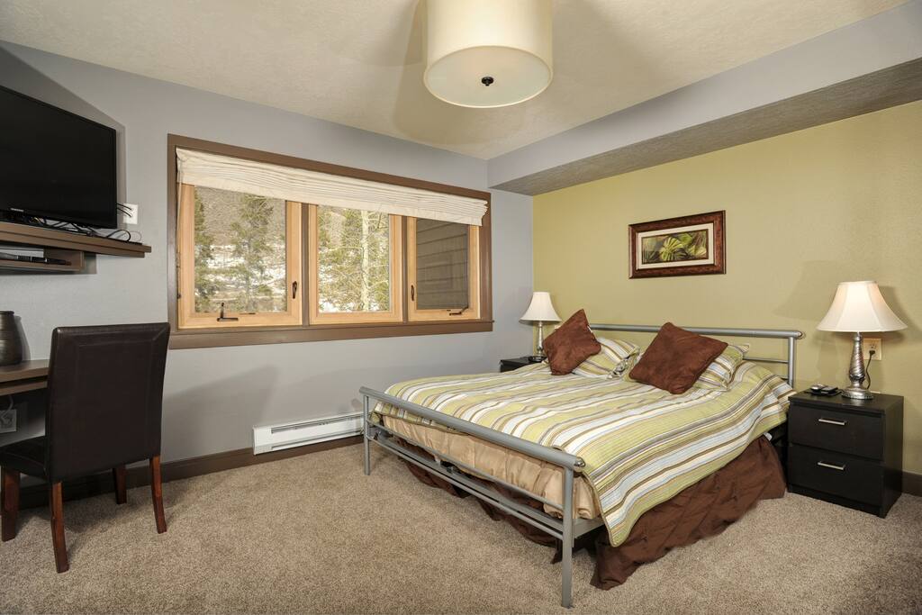 The bedroom includes 1 queen bed, a TV and a desk