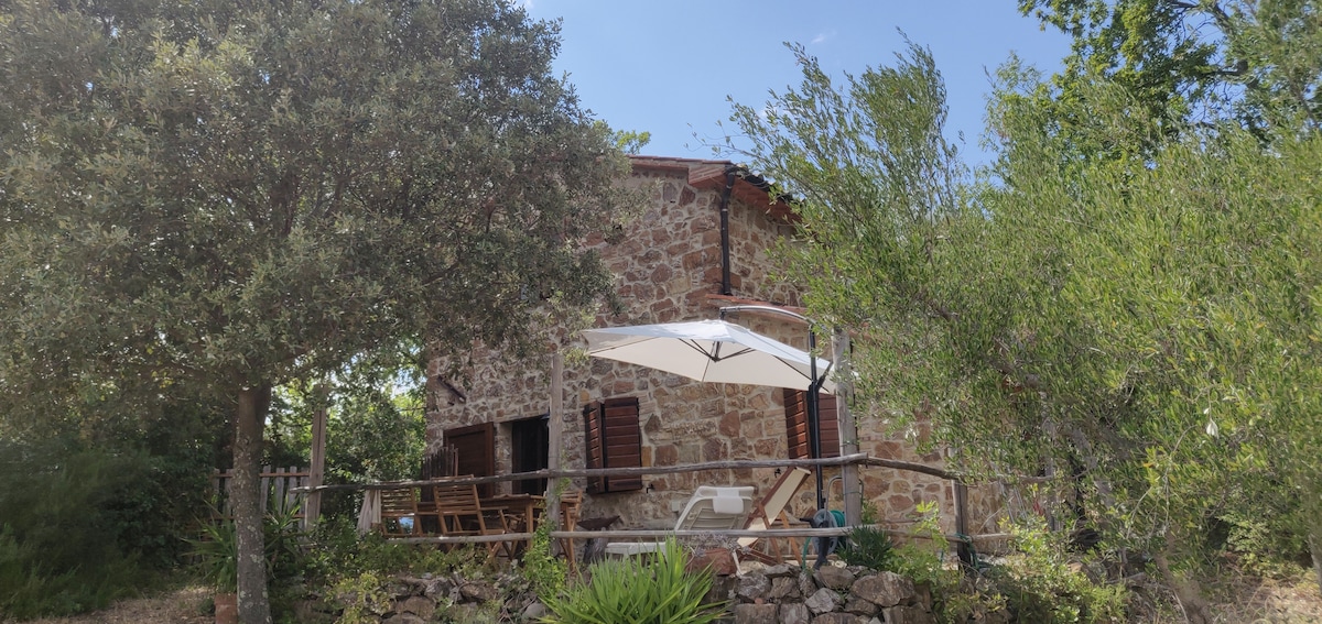 The rustic stone house is surrounded by lush greenery, featuring a shaded outdoor seating area with a white umbrella and wooden furniture. Natural elements enhance the tranquil setting, inviting relaxation in the serene countryside.