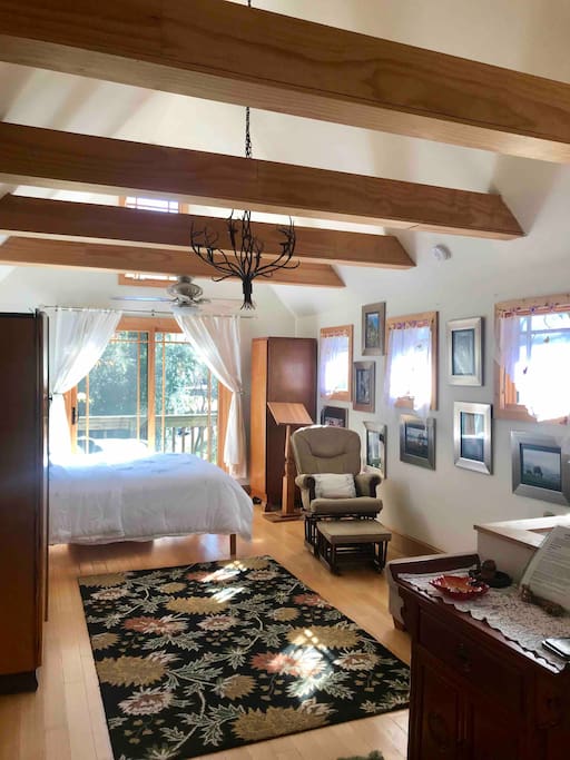Main floor: large bedroom, full bath, & upper deck: lots of light & privacy!