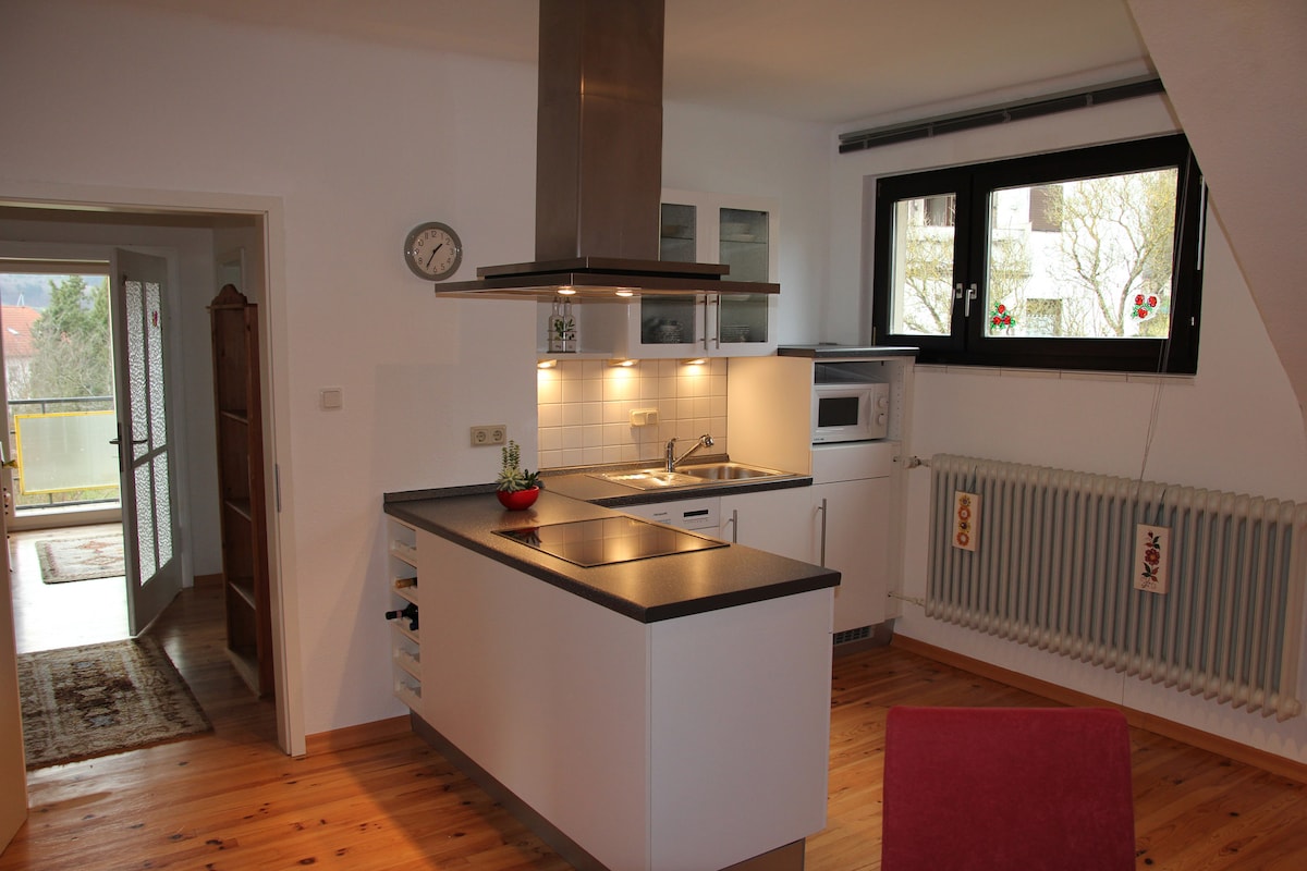 The kitchen features modern appliances, including a cooktop, oven, and microwave. A spacious countertop offers ample preparation space. Light from a window enhances the inviting atmosphere. A dining area is nearby, and the doorway leads to a balcony with a panoramic view.