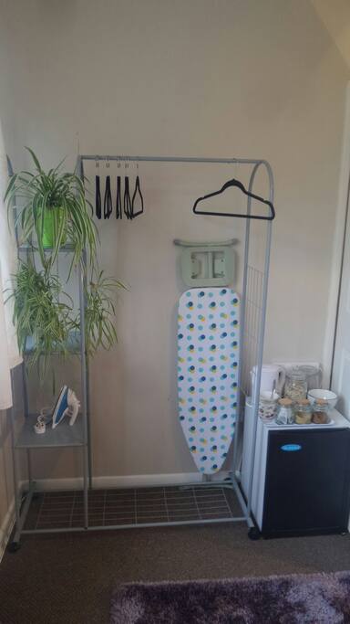 Somewhere for your belongings. Fridge. Tea and coffee making facilities, breakfast stuff. An iron and ironing board.