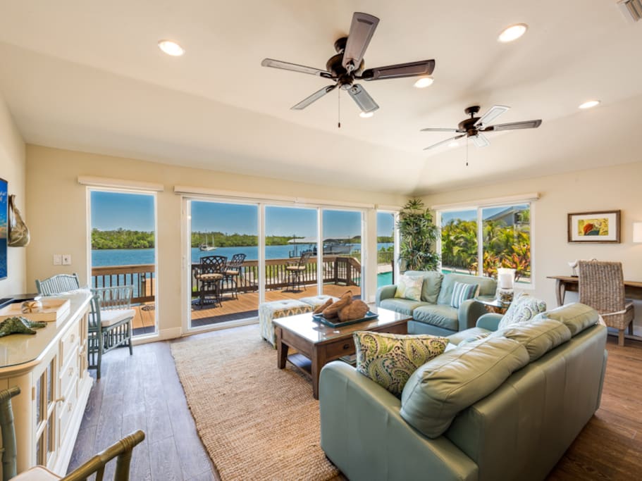 Comfortable living room opening out to deck