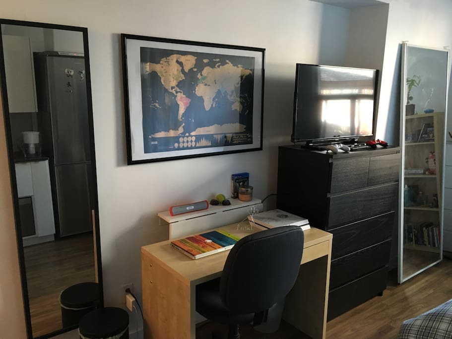 Desk space and extendable table (behind desk) if needed.