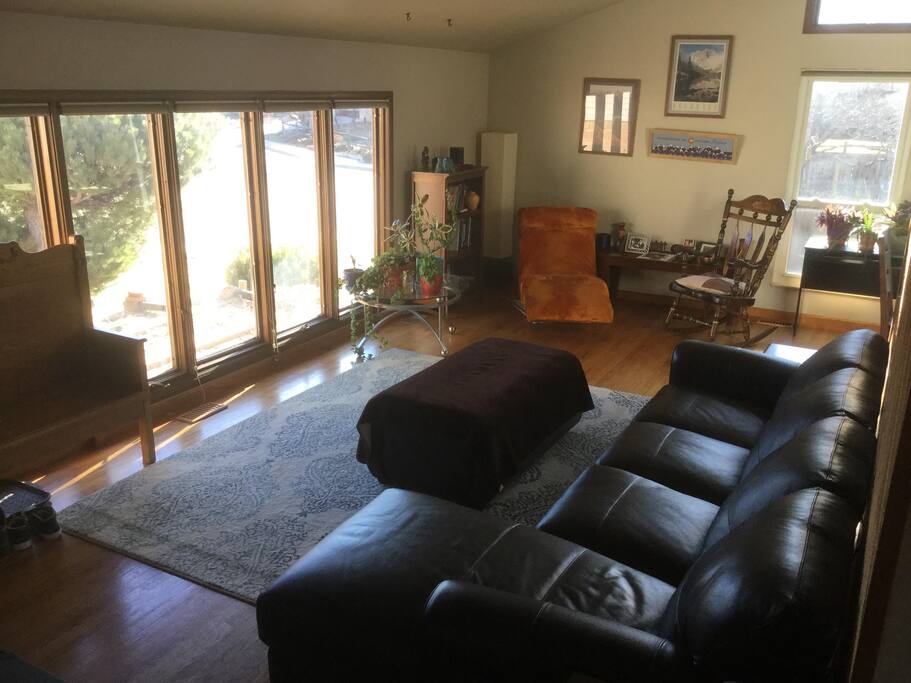 Bright and spacious living room with a beautiful couch!