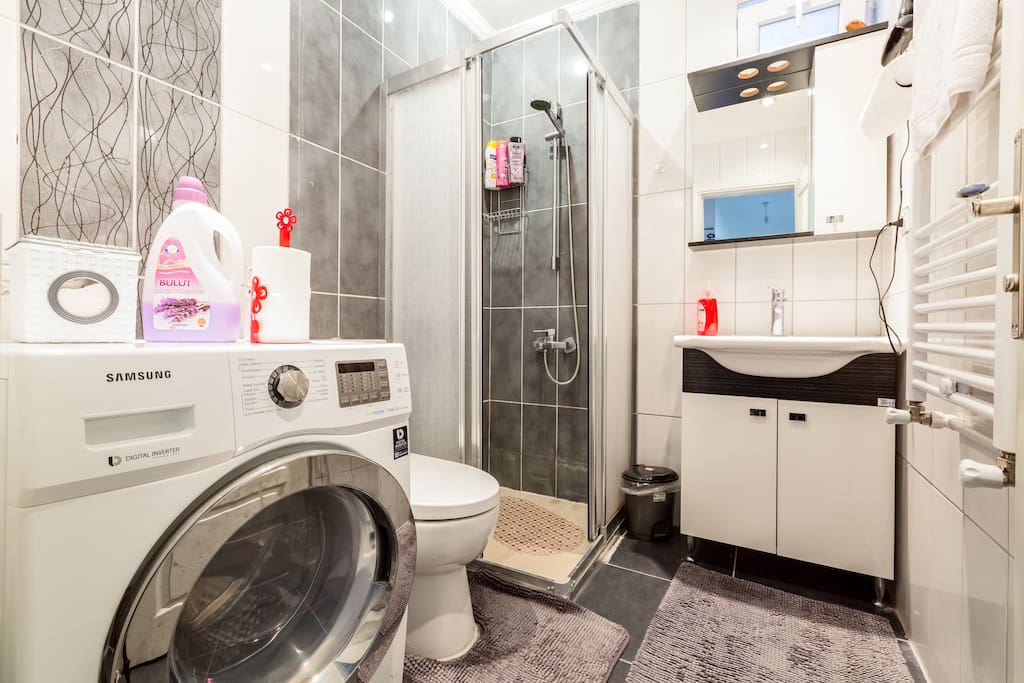 Bathroom, luxuriously decorated and equipped with shower. Washer dryer in the bathroom.