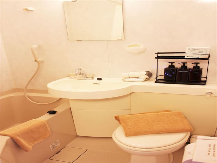 Room has a bathtub, toilet and the following items.
- Shampoo, Body soap, Conditioner
- Hair dryer
- Towel
- Bathmat
