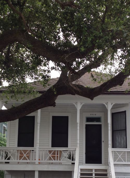 Front porch seating shaded by 100 year old live oak. Great place for morning coffee.