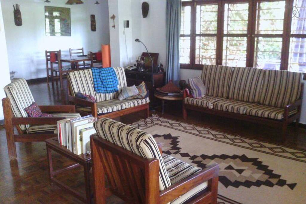 Shared living and dining rooms.