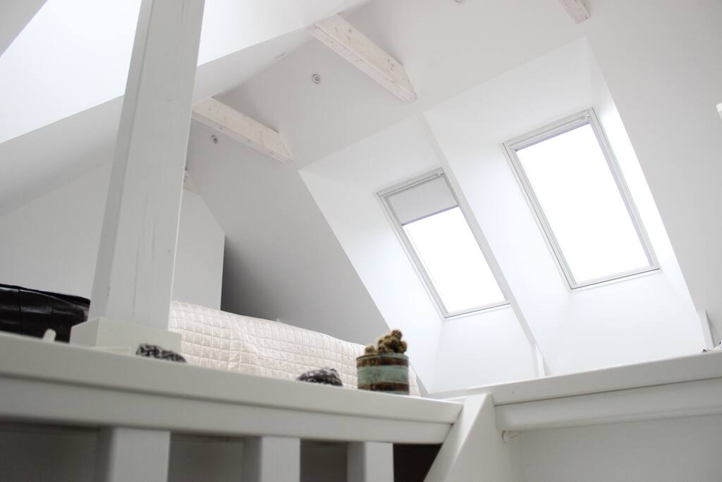 The main bedroom with sky windows.