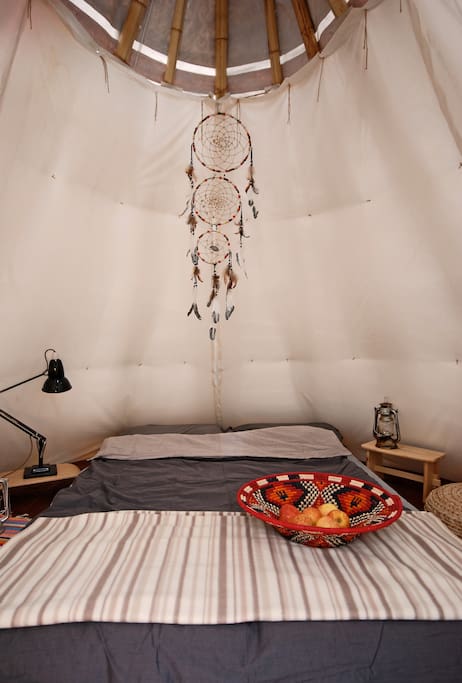 The Tipi sleeps two people on two single ‘cube mattresses’ that can be joined to form a double bed or folded into chairs if you want to chill out during the day.