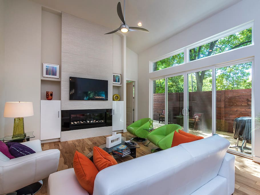 living room with view of deck