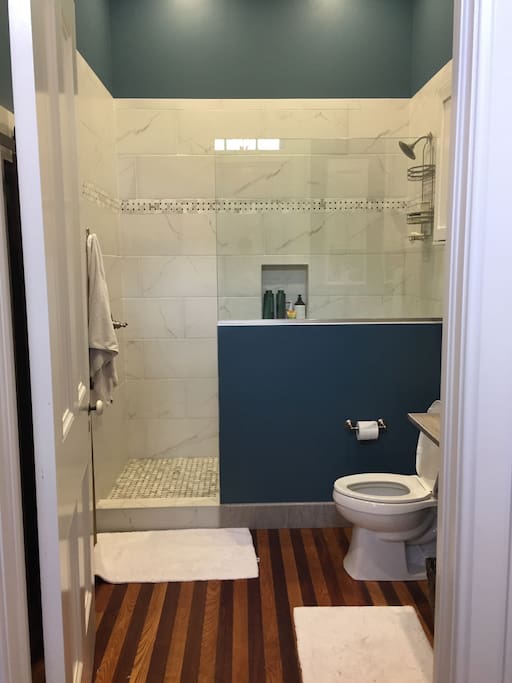 Bathroom with beautiful original hardwoods, huge shower, and w/d closet (behind door).