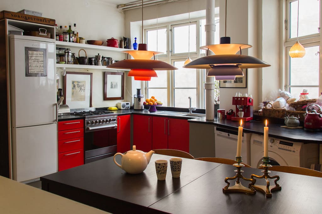Very large kitchen with dining table and seating for up to 10 persons