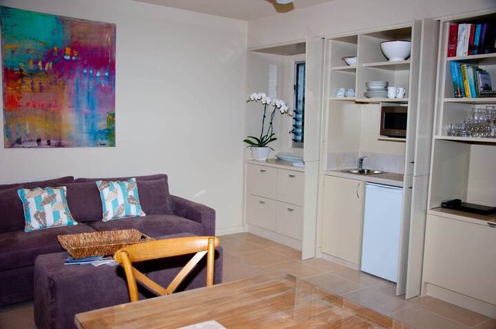 Kitchenette,  comfortable sofa bed, and pull out TV in the sitting room. 