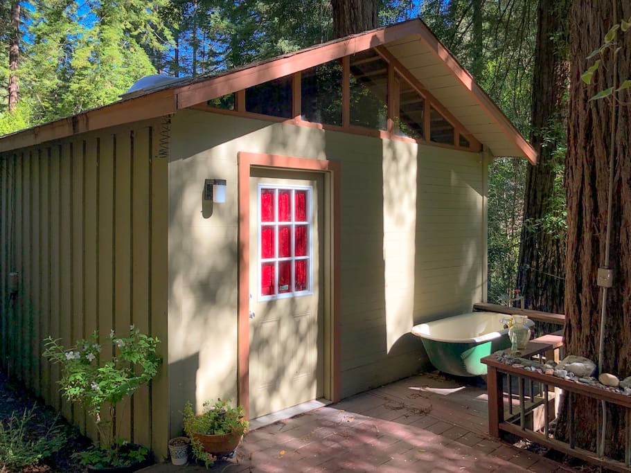 Entrance to Rustic Cabin Under the Redwoods and above Creek.