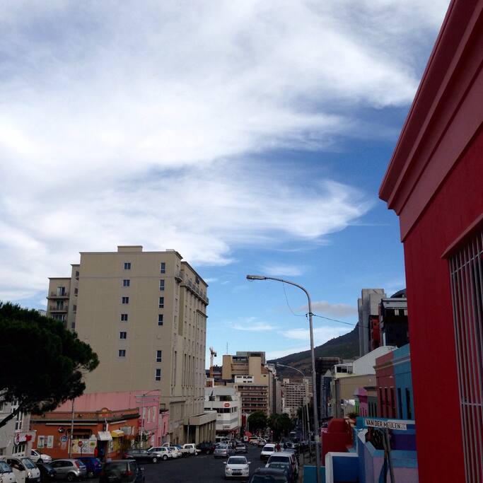 View of Wale Street from the front porch, with the Hilton hotel in the background