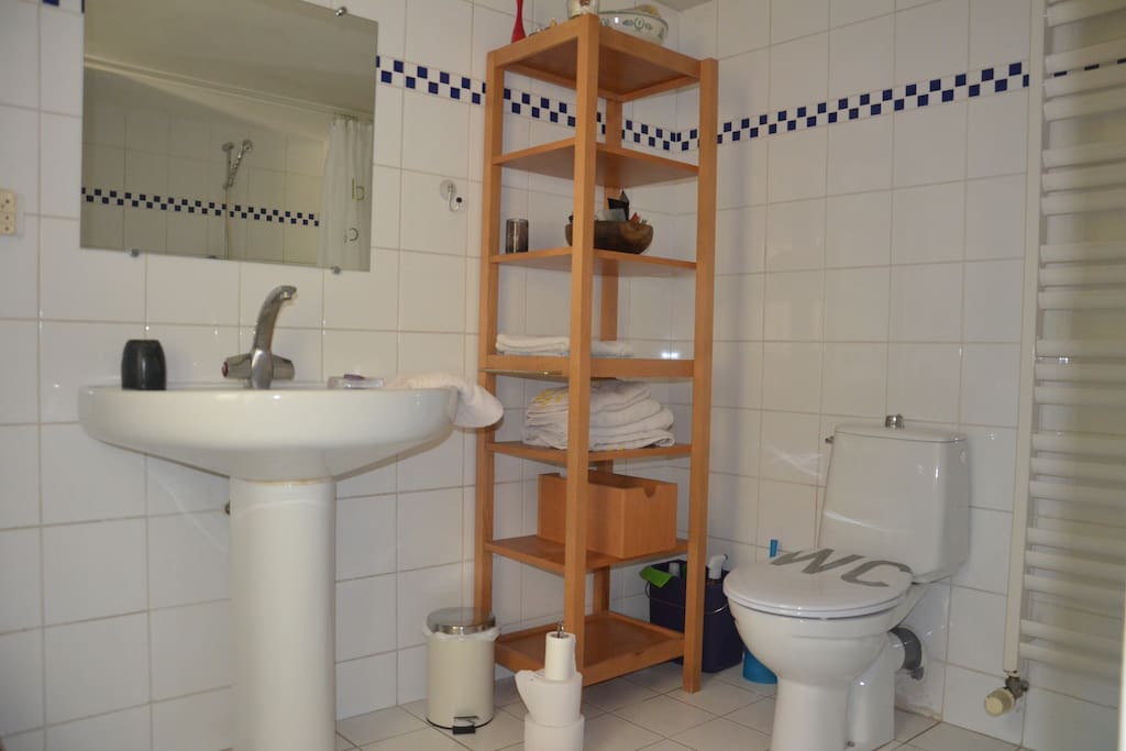 Vaste salle de bain avec ouverture sur la cour intérieure
