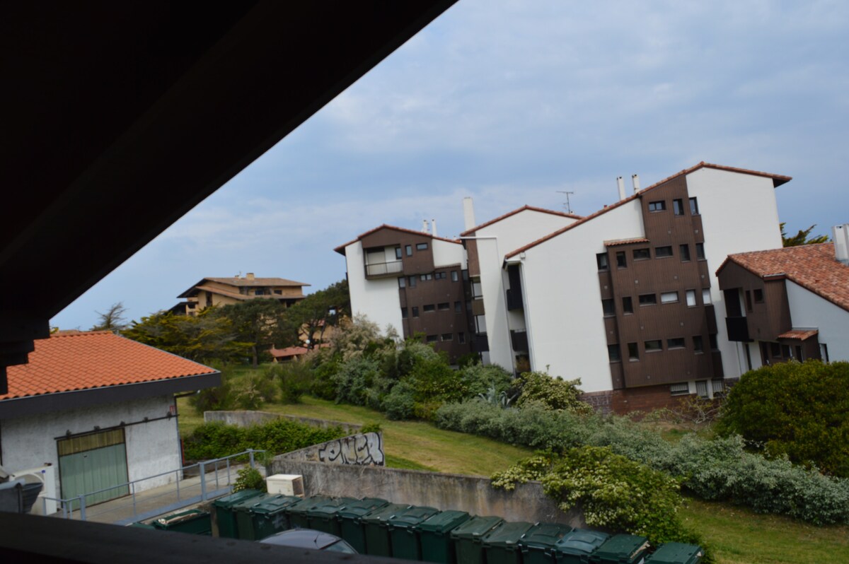 The view from a window captures neighboring buildings with a mix of modern and traditional architecture. Lush greenery is visible in the foreground, adding natural texture to the scene. A partially cloudy sky frames the landscape, contributing to a calm atmosphere.