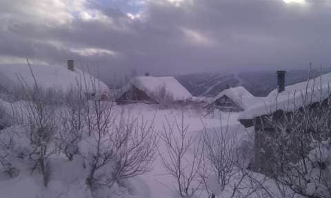 Snow-covered rooftops are visible against a backdrop of cloudy skies. The landscape is blanketed in a thick layer of snow, with sparse shrubs peeking through the white surface. The scenic view captures the peacefulness of a winter environment.