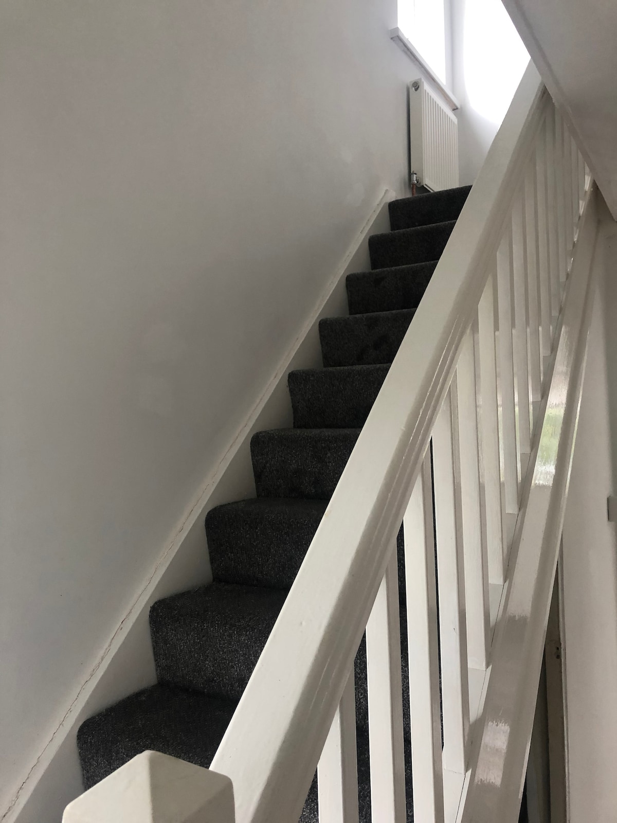 A staircase with a carpeted surface leads upward, surrounded by white walls. A handrail runs alongside, providing support. Natural light is visible at the top of the stairs, creating an inviting ascent.