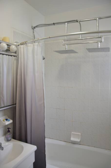 Dual 14-inch rain shower heads, multi-function shower head, spacious curved curtain