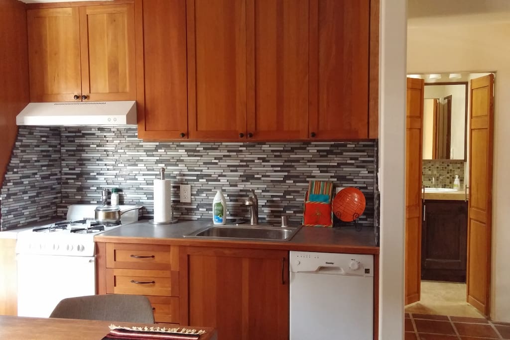 Gas stove, microwave, refrigerator and dishwasher.