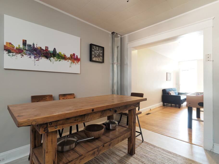 Enjoy breakfast at your reclaimed wood kitchen island.