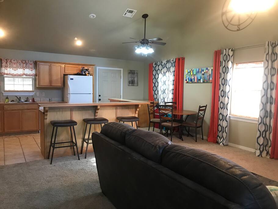 View from living to kitchen and eating area