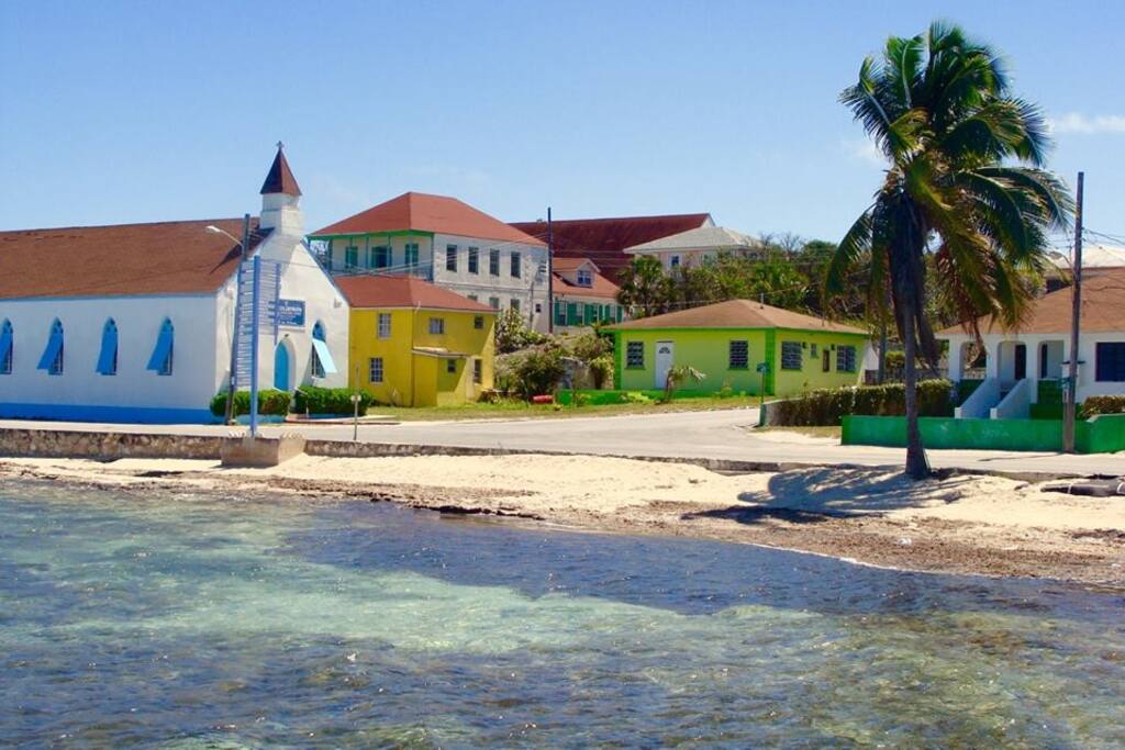 looking at the settlement of Tarpum
Bay from our waterfront.