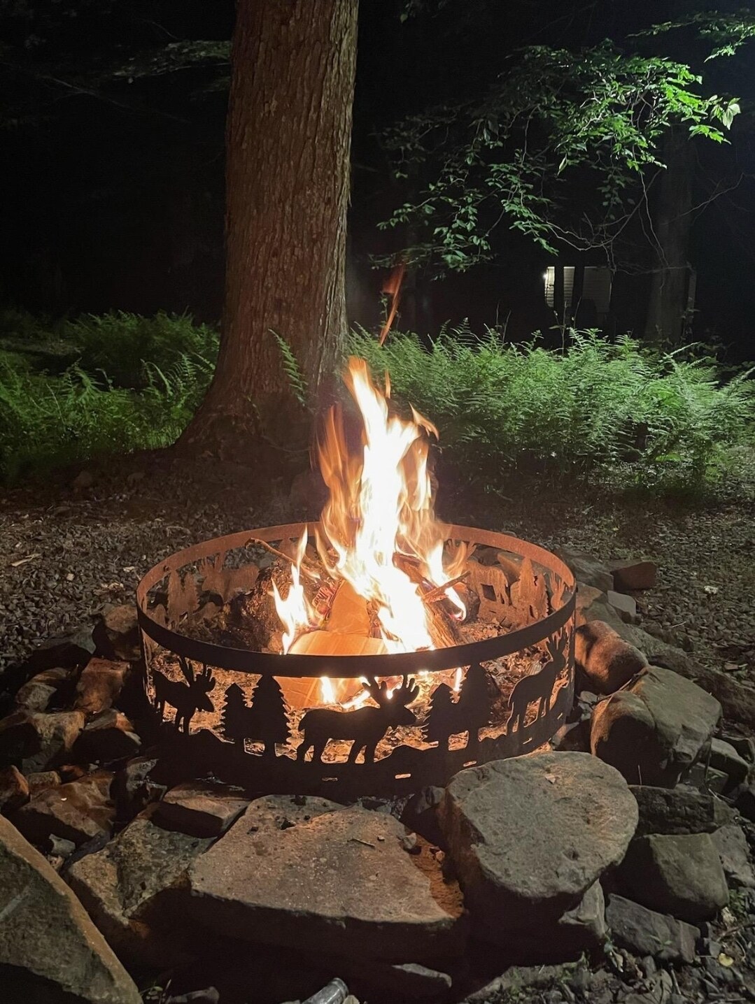 A circular fire pit, crafted from metal and adorned with animal silhouettes, is filled with glowing flames. Surrounding the fire pit is a ring of natural stones, and lush green ferns are visible in the background, contributing to the serene, wooded atmosphere.