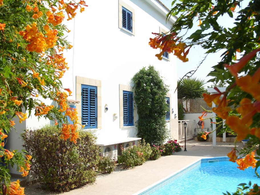 gated 8 x 4 pool with window shutters to keep villa cool