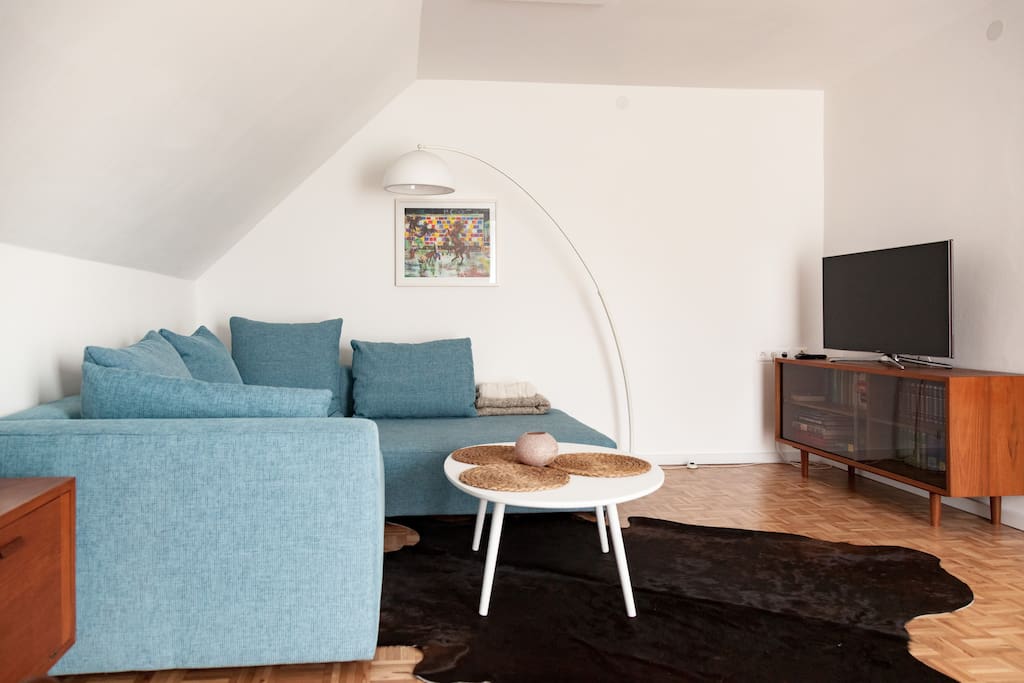 Die geräumige und gemütliche Couch. Mini-Bibliothek und Smart-TV mit Web-Anbindung